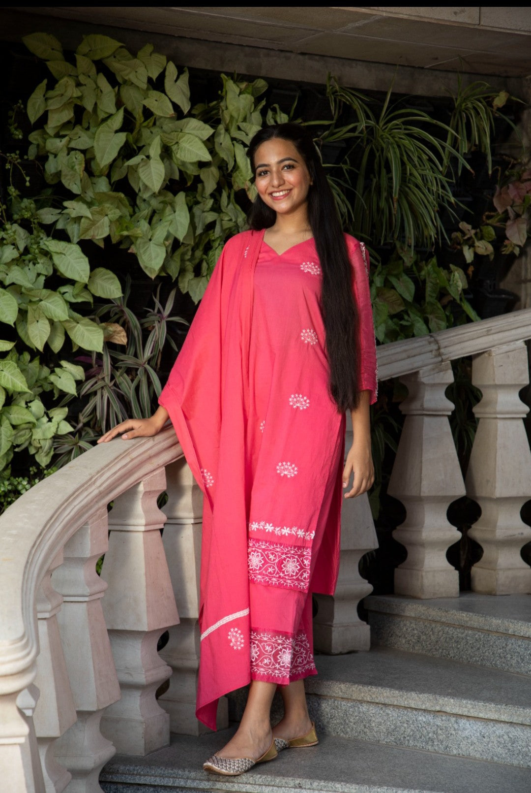 Festive zinnia embroidered cotton kurta set