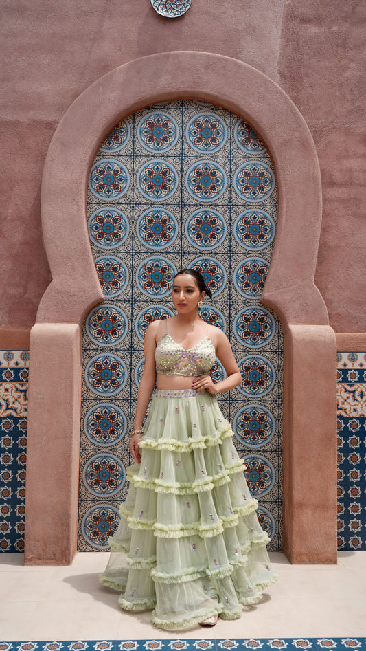 Dew kissed pista green lehenge