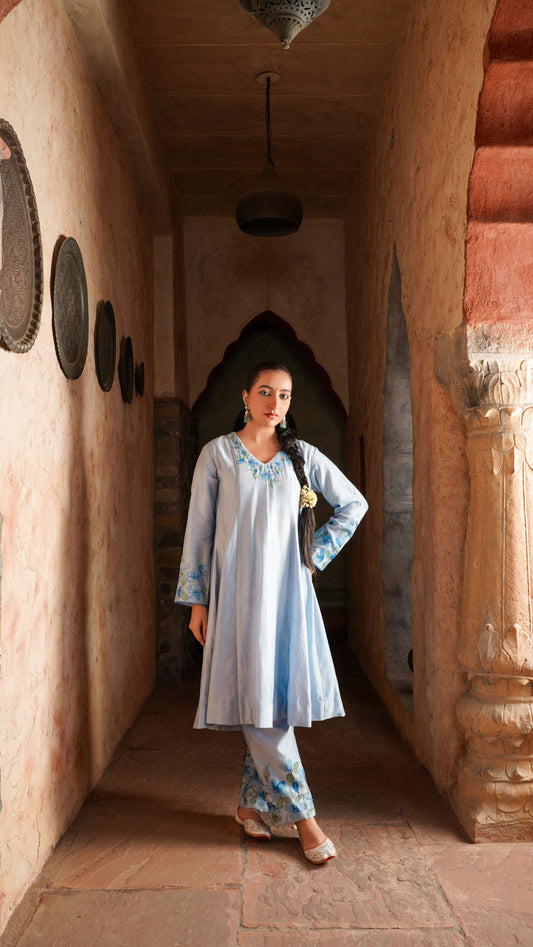 Powder Blue Painted Kurta Set