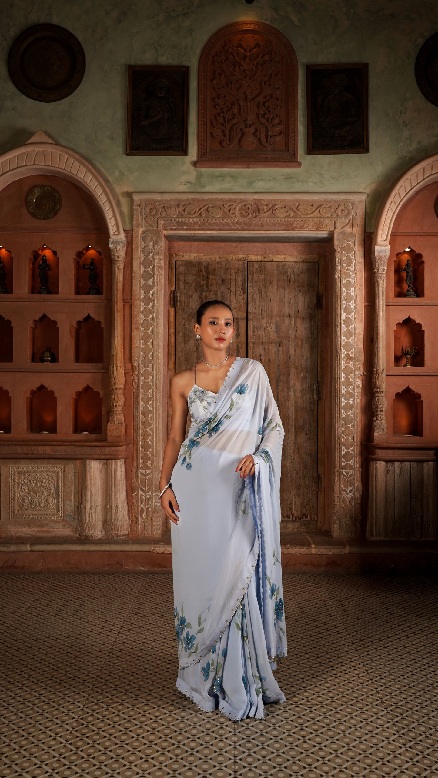 Abrasine powder blue hand painted sareee