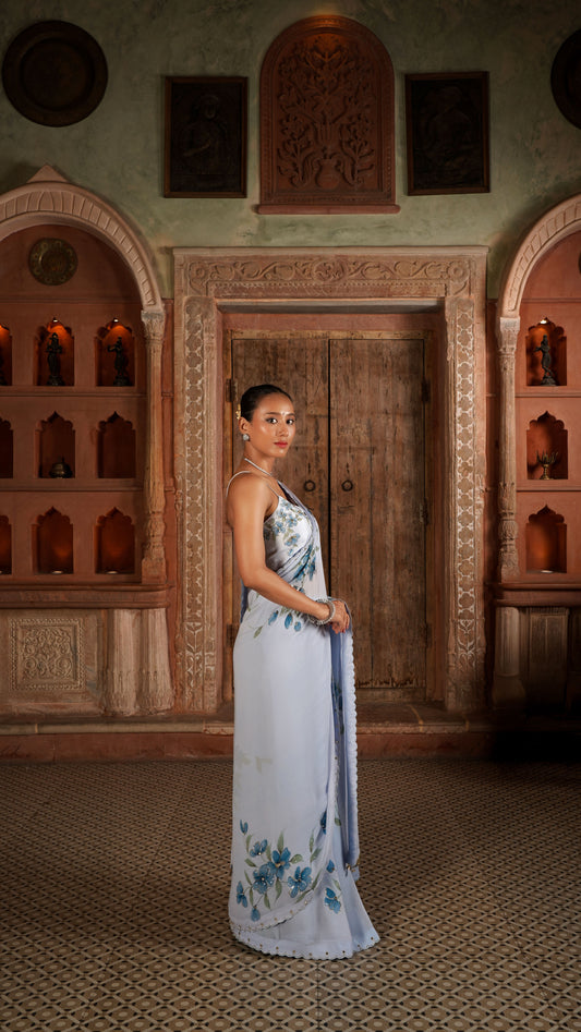 Abrasine powder blue hand painted sareee