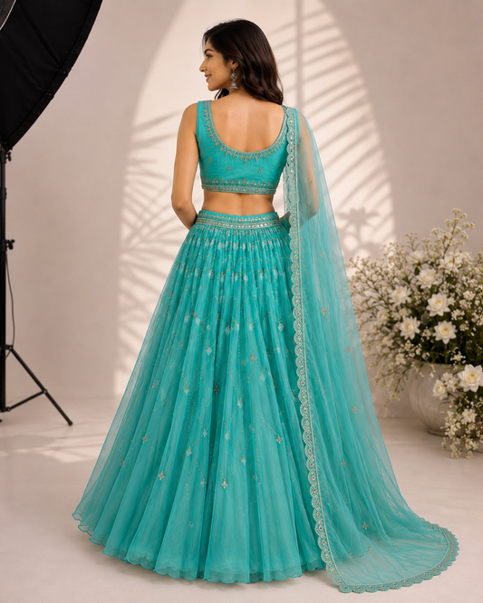 Serene Blue Lehenga with Mirror Work and Beads