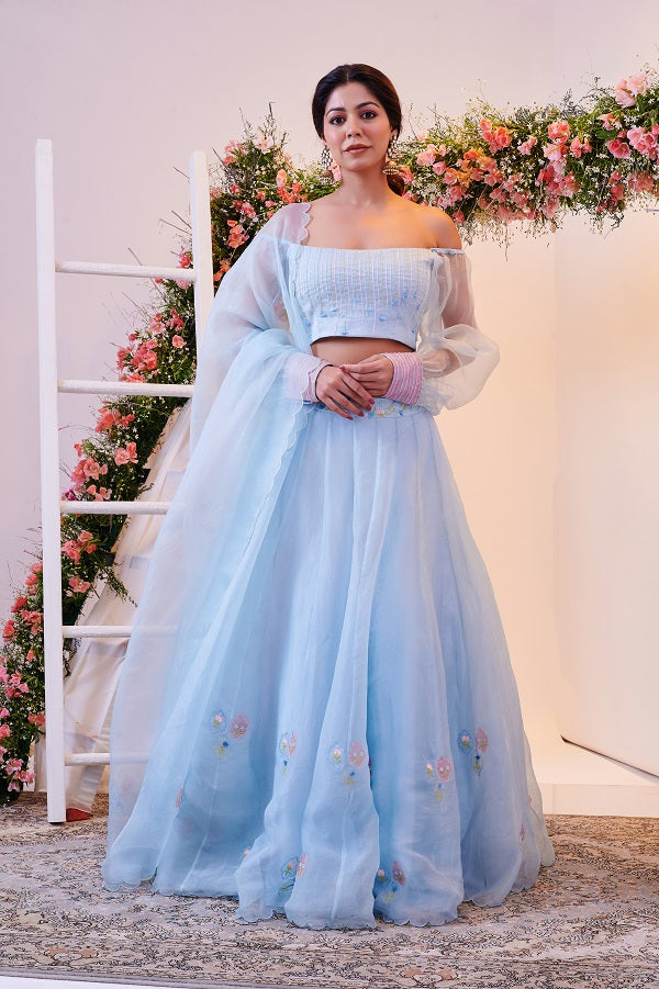 Mughal Blue Lehenga - Intricately Embroidered Pure Organza Shilpsutra Mughal Blue Lehenga - Intricately Embroidered Pure Organza Shilpsutra