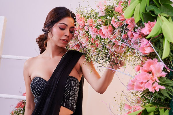 Gorgeous Embroidered Bandeau Blouse with Black Drape Saree