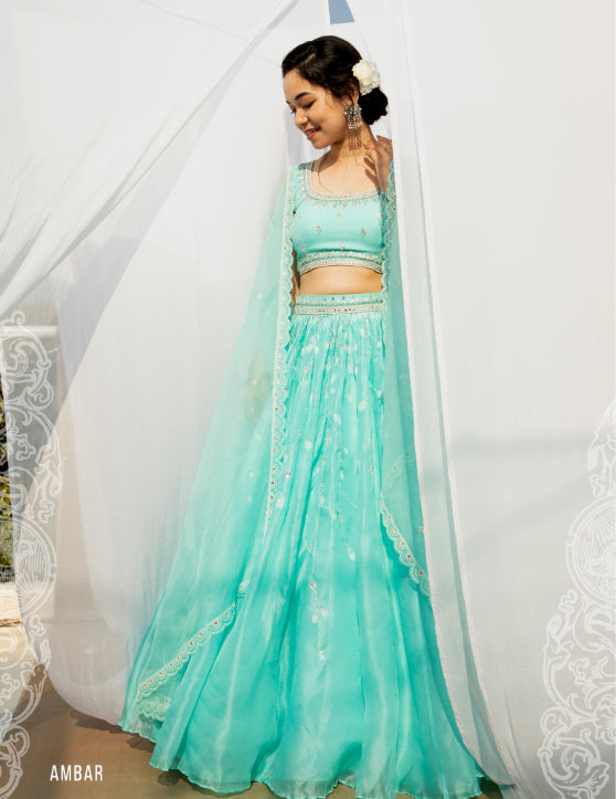 Serene Blue Lehenga with Mirror Work and Beads