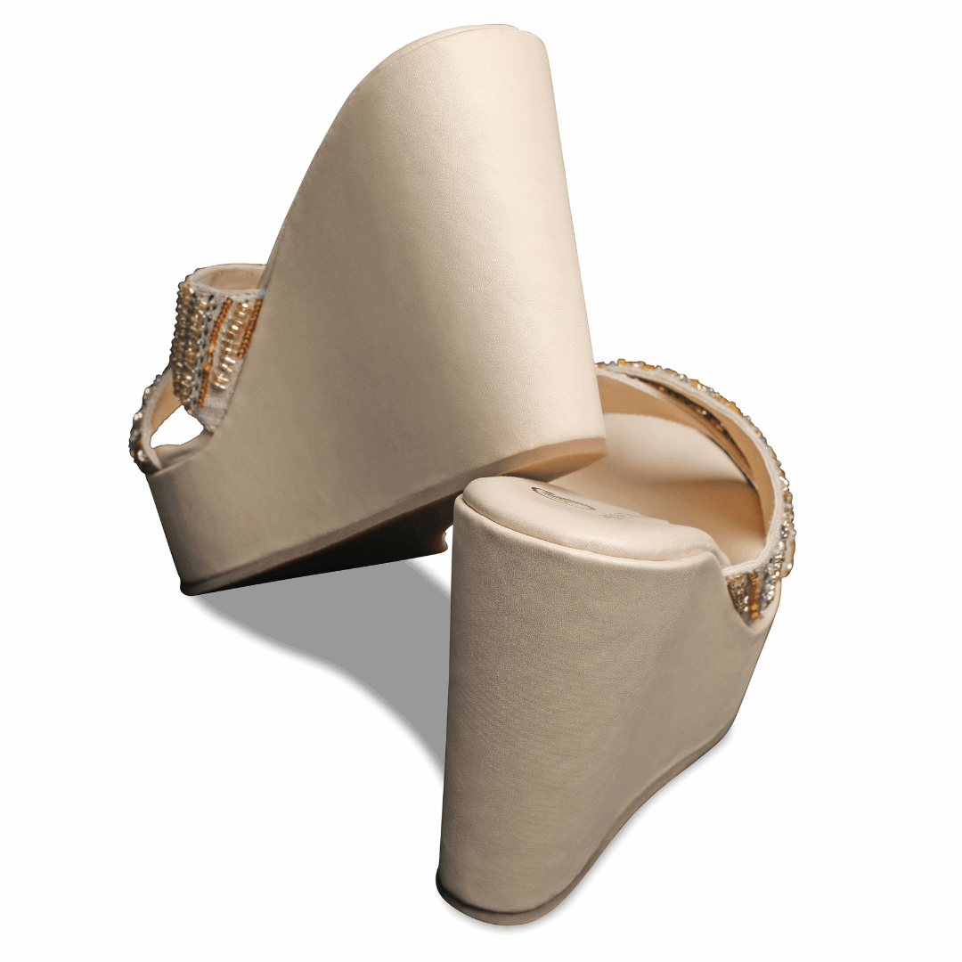 White Pearl Crystal Embedded Height Booster Wedges - Elegant Comfort