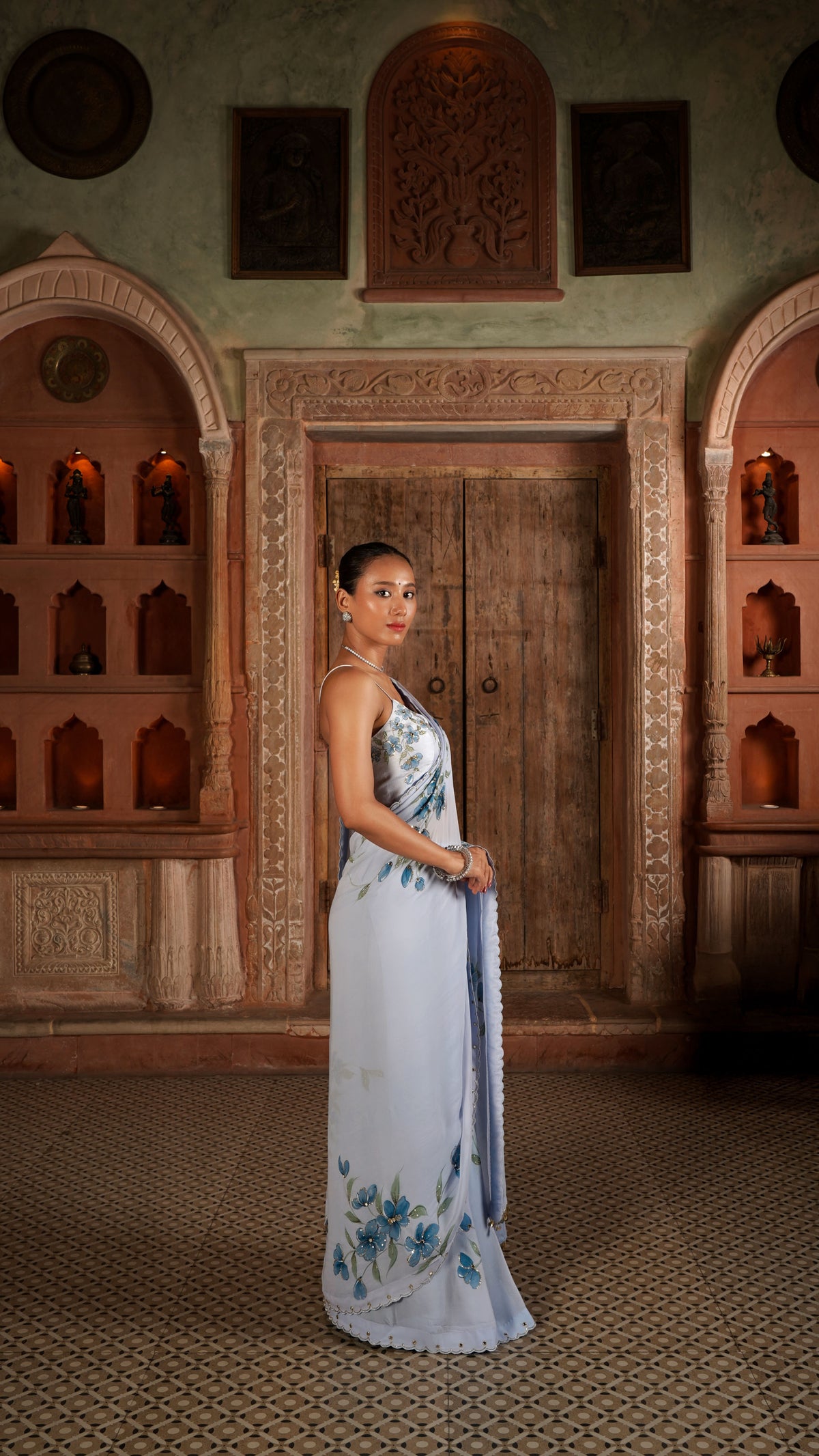 Abrasine powder blue hand painted sareee