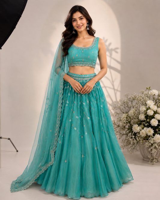 Serene Blue Lehenga with Mirror Work and Beads