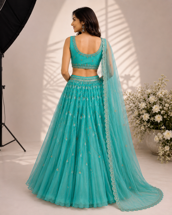 Serene Blue Lehenga with Mirror Work and Beads