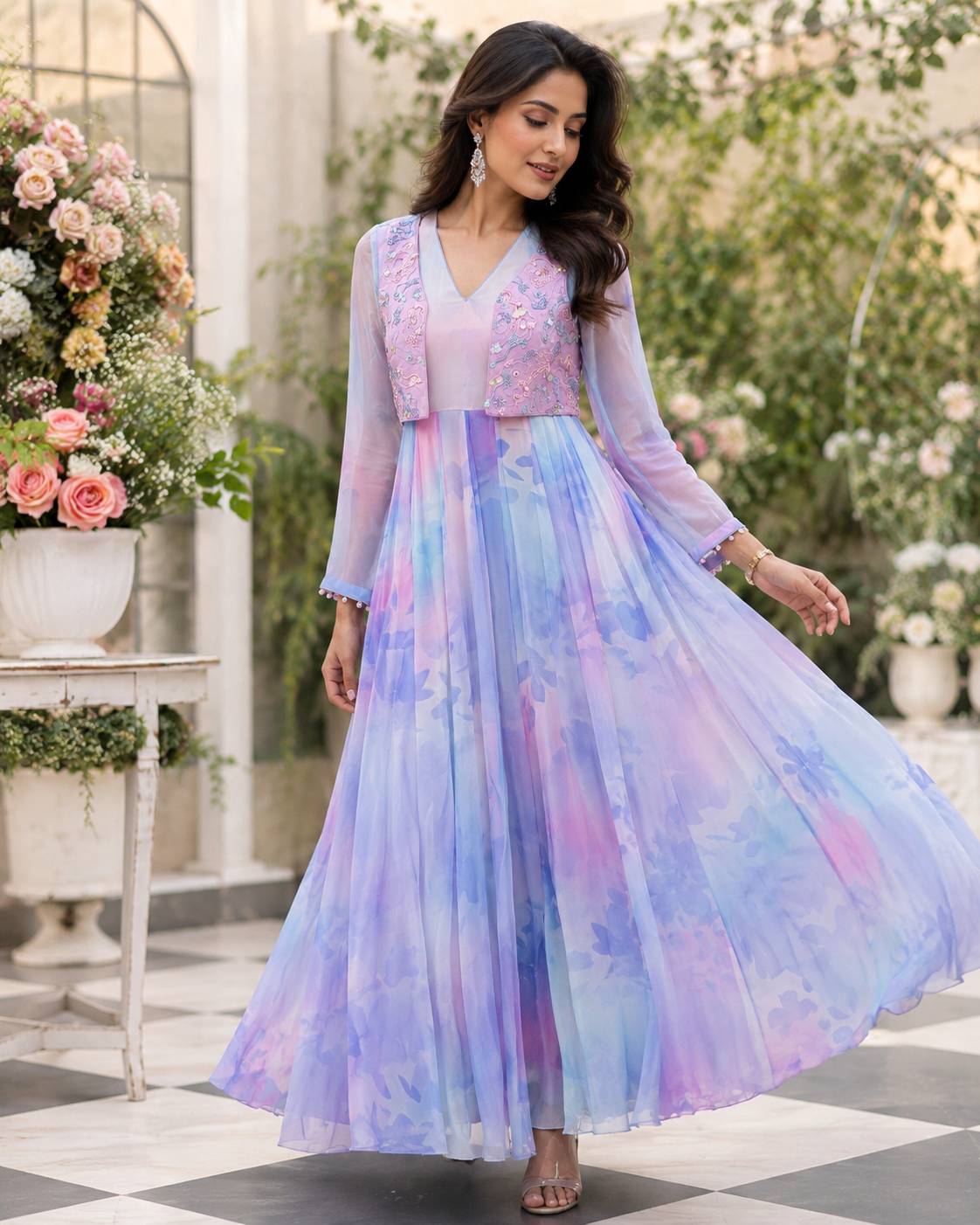 Hand painted Anarkali with jacket