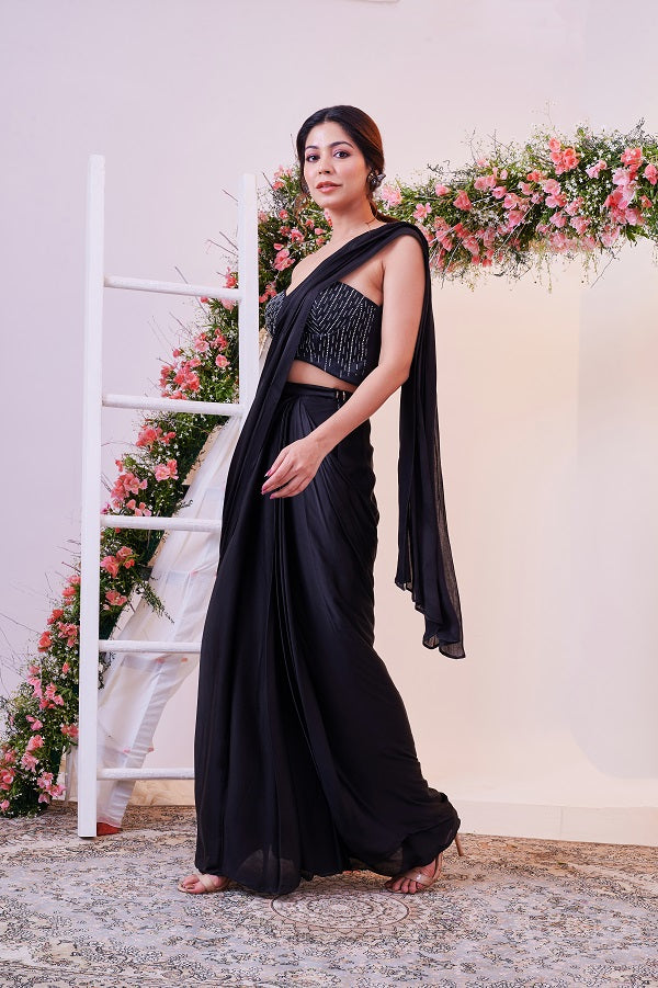 Black Georgette Zigzag Sequinned Saree  PSADK3742 from sareecom