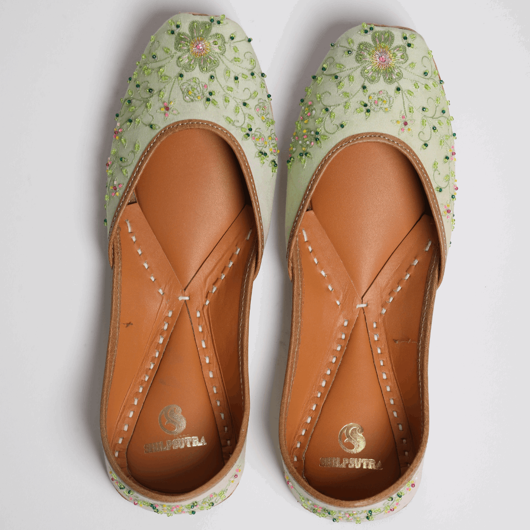 Green Color Floral Embroidered Designer Ladies Punjabi Jutti Ombre Jutti
