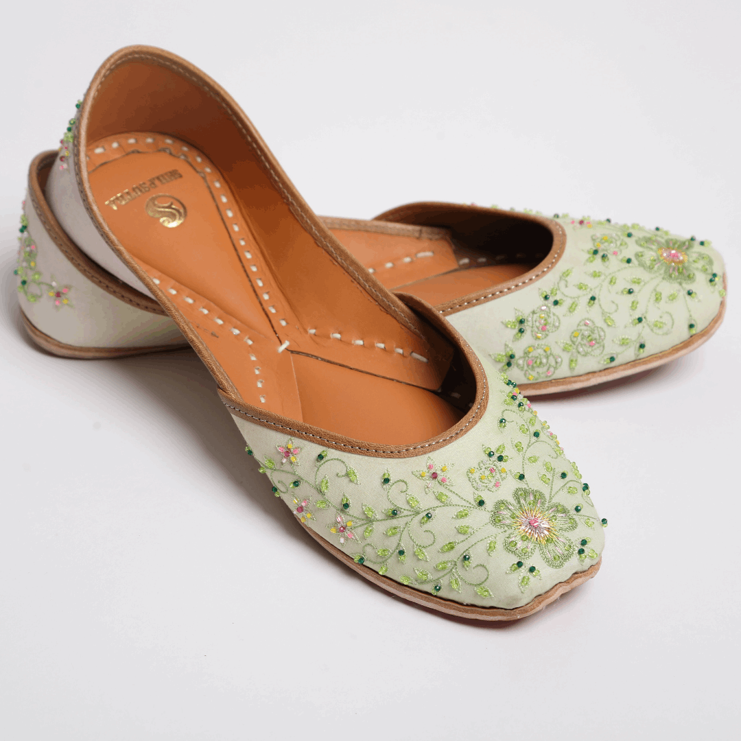 Green Color Floral Embroidered Designer Ladies Punjabi Jutti Ombre Jutti