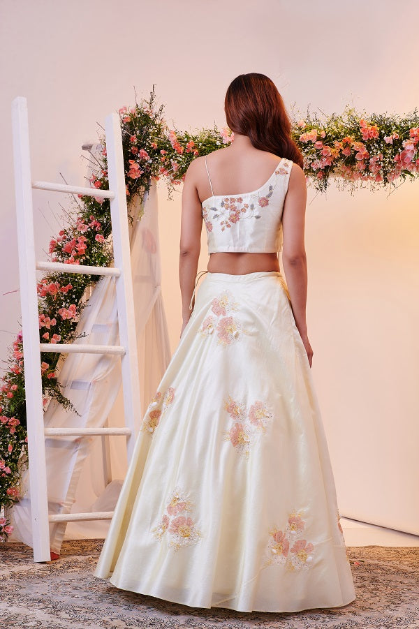 Elegant Lemon Dupion Silk Lehenga with Patch and Shell Work