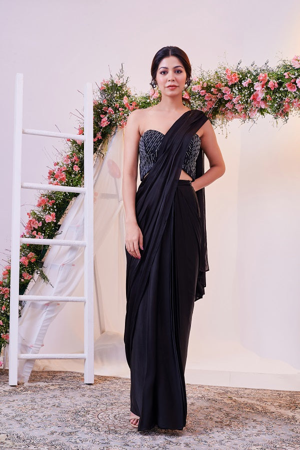 Gorgeous Embroidered Bandeau Blouse with Black Drape Saree