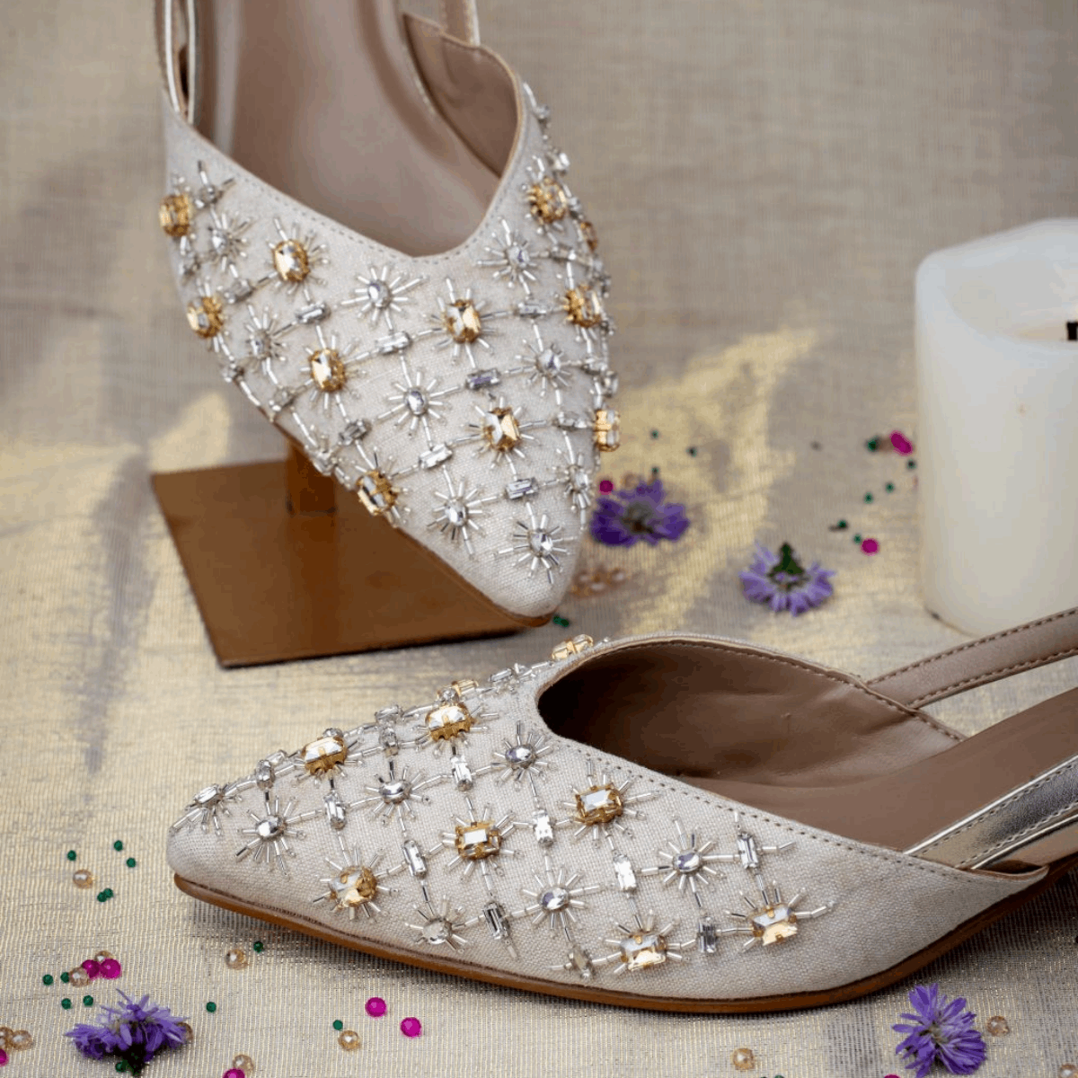 Gold and Silver Stone Studded Grey Color Ladies Sandals