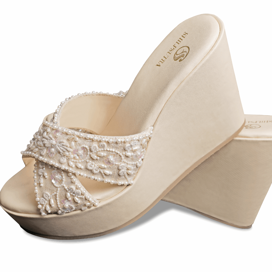 White Pearl Crystal Embedded Height Booster Wedges - Elegant Comfort