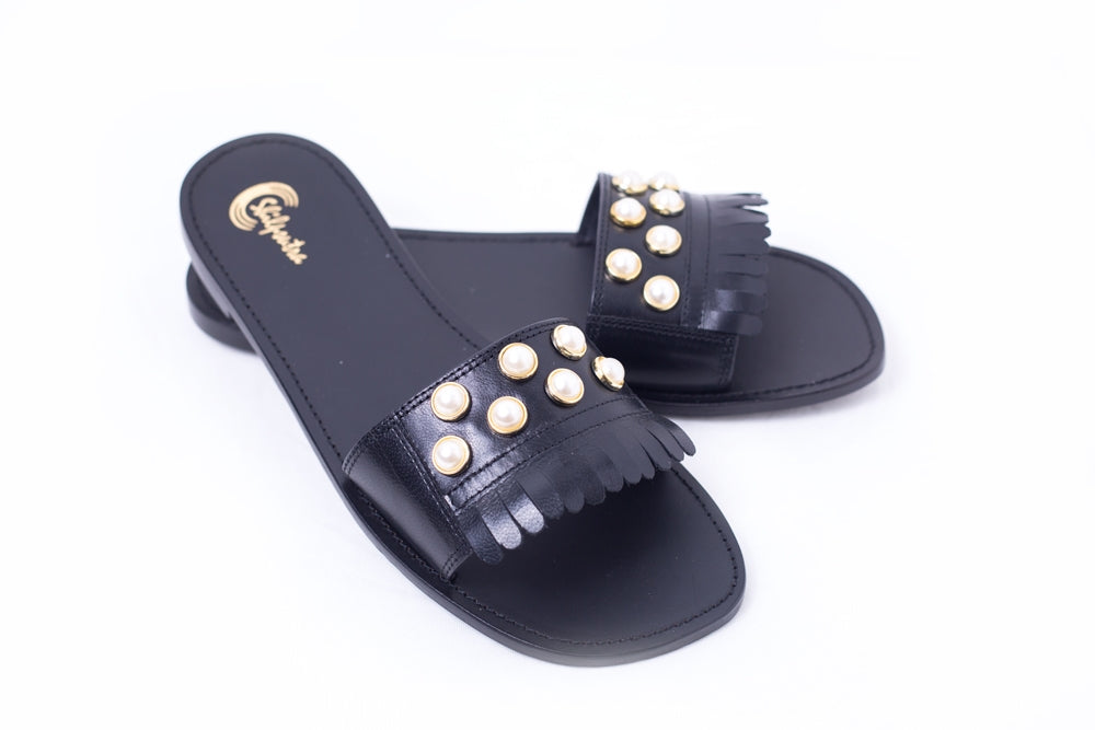 FLAT LEATHER SLIDER SANDALS FOR LADIES - front view