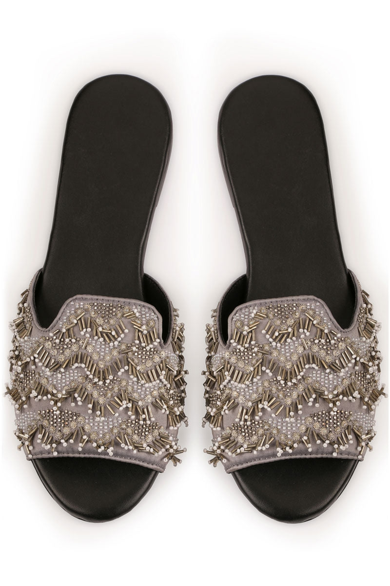 Black & Gray color, 3D Embroidered designer ladies slipper, sliders for women