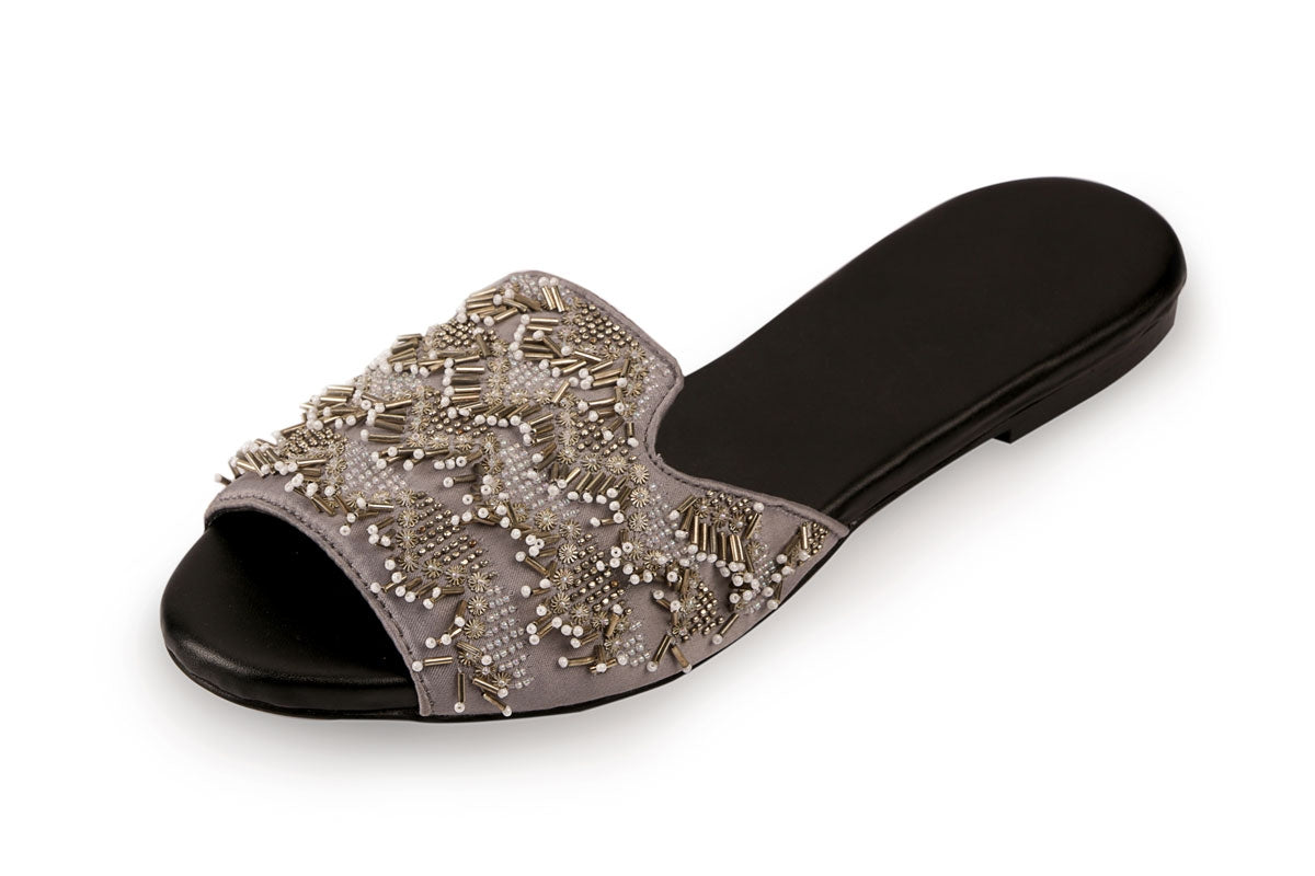Black & Gray color, 3D Embroidered designer ladies slipper, sliders for women