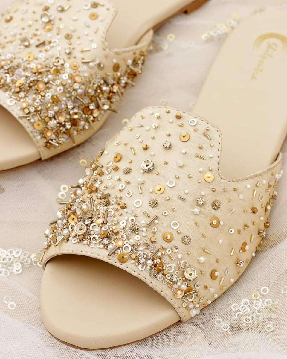 Beige Color Embroidered Designer Ladies Slipper