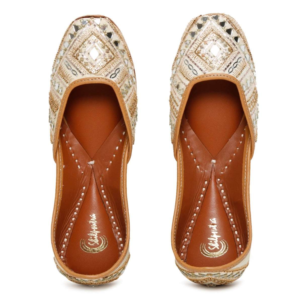 Designer Mirror Work & Embroidered Beige color Ladies Jutti