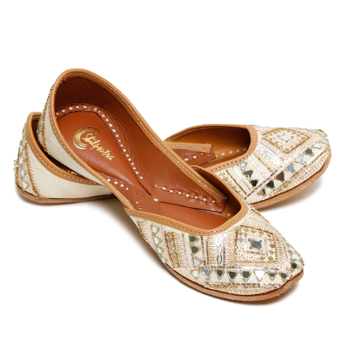 Designer Mirror Work & Embroidered Beige color Ladies Jutti