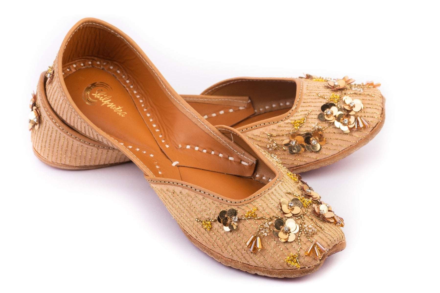 Designer Gold Color Hand Embroidered Punjabi Ladies Jutti