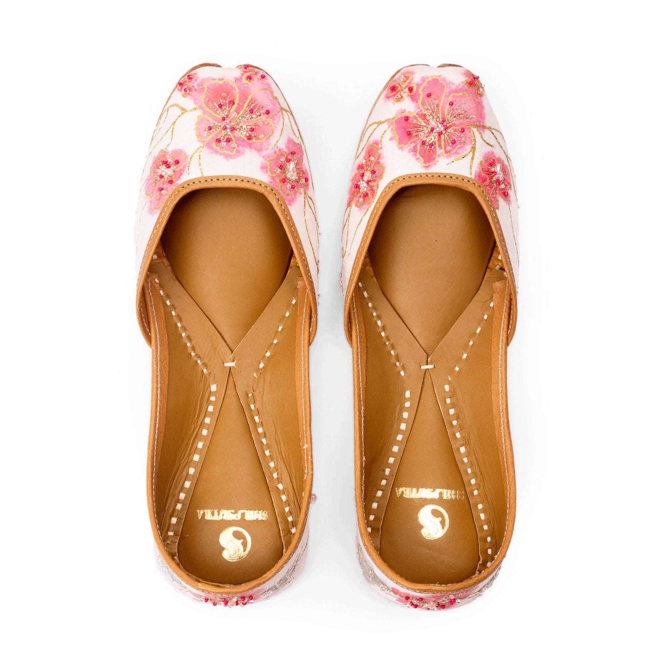 Pink Floral Hand Embroidered White Color Designer Punjabi Ladies Jutti 