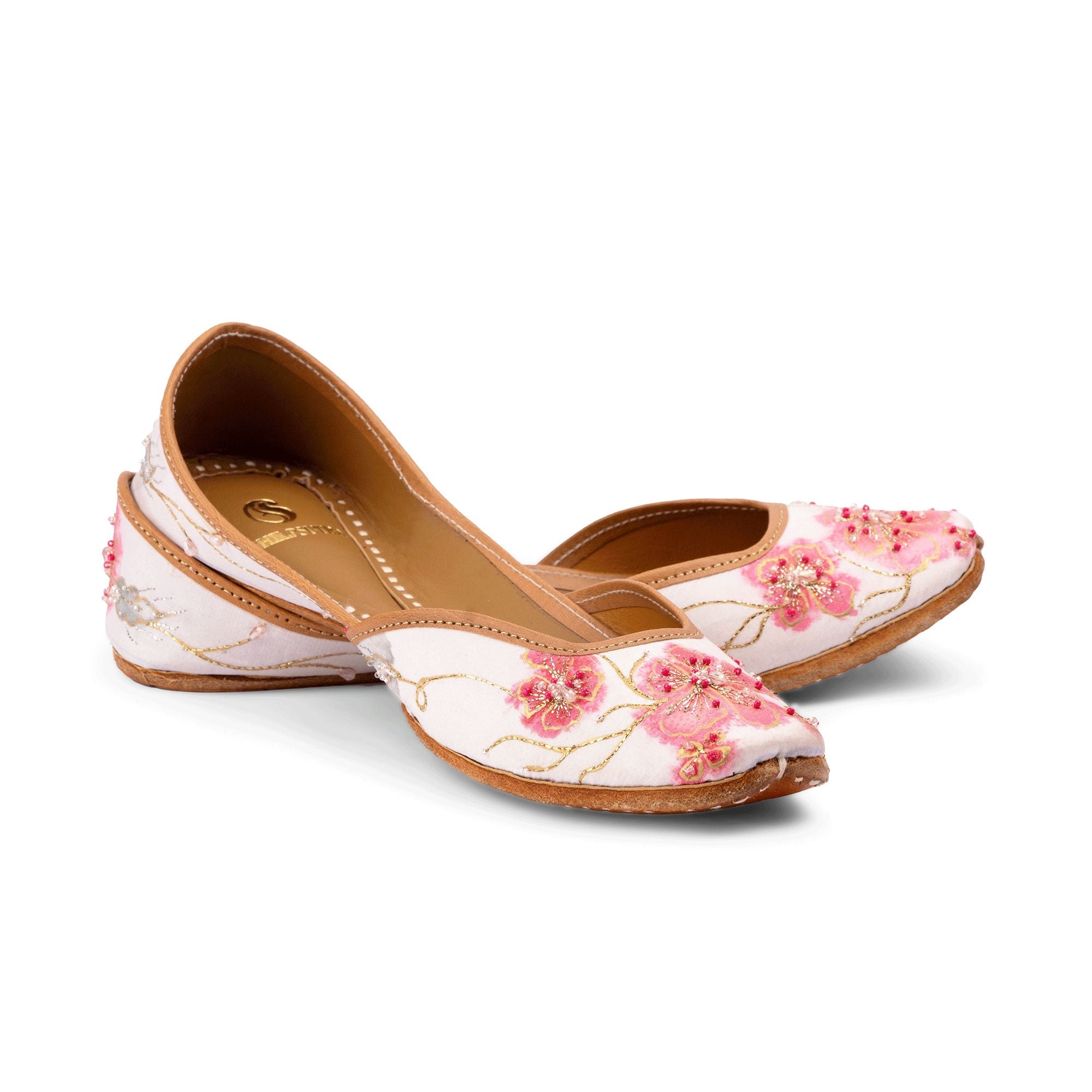Pink Floral Hand Embroidered White Color Designer Punjabi Ladies Jutti 
