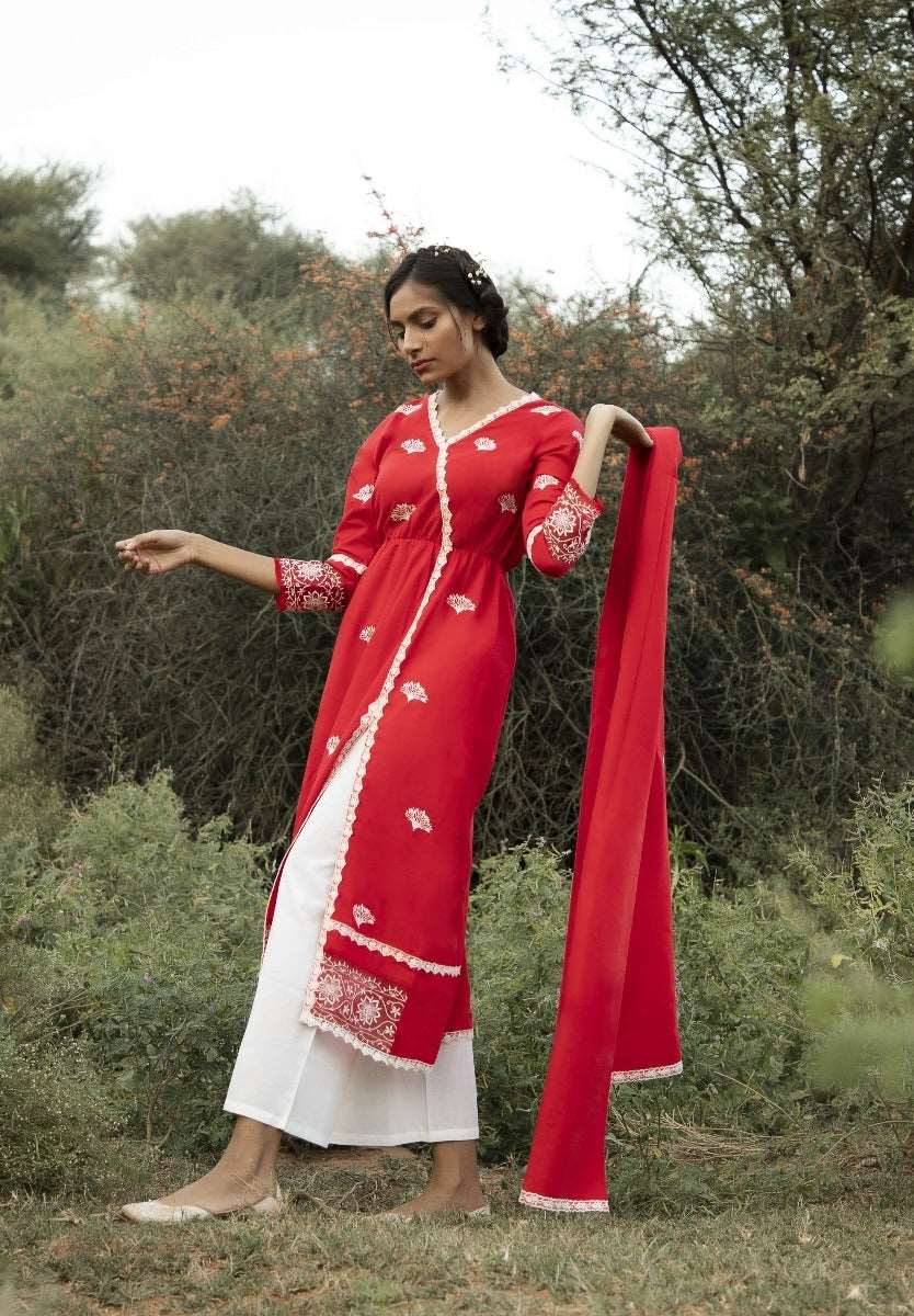 Shop Knockout Red Color Wedding Wear Cotton Rayon Designer Ready Made  Thread Work Kurti Plazo