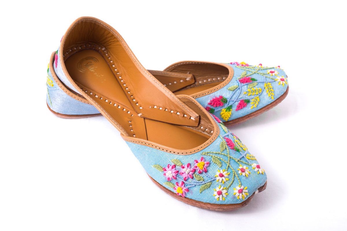 Multicolor floral Hand Embroidered Blue Color Ladies Juti