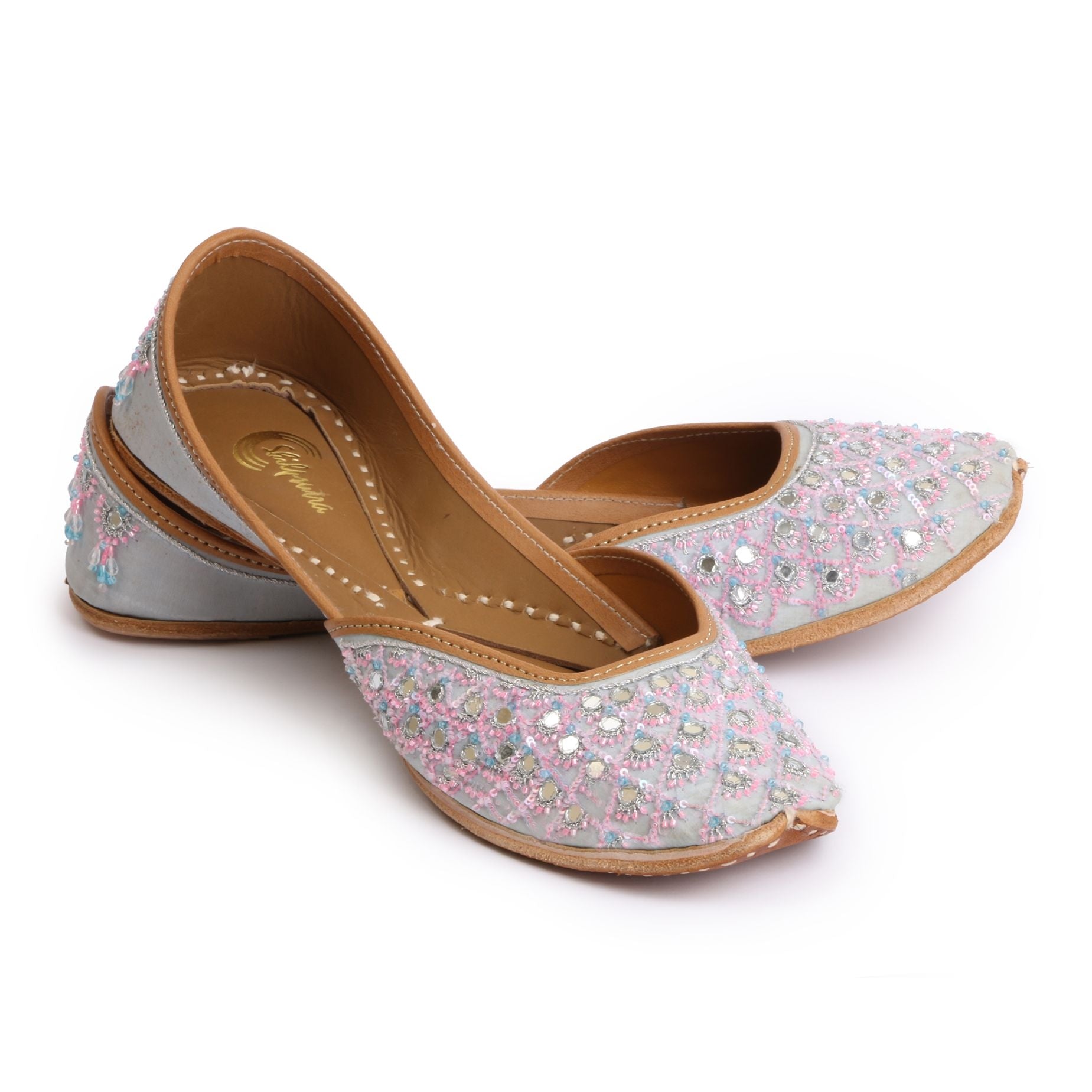 Grey & Pink Color Hand Embroidered Designer Ladies Jutti