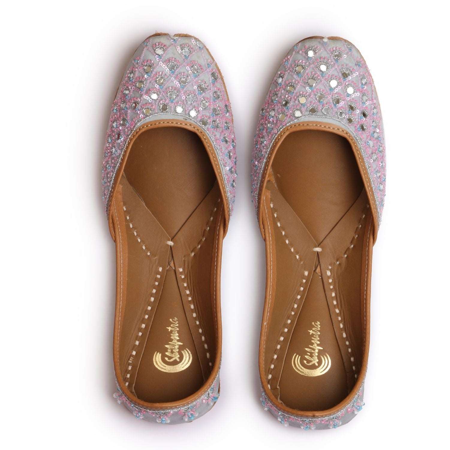 Grey & Pink Color Hand Embroidered Designer Ladies Jutti