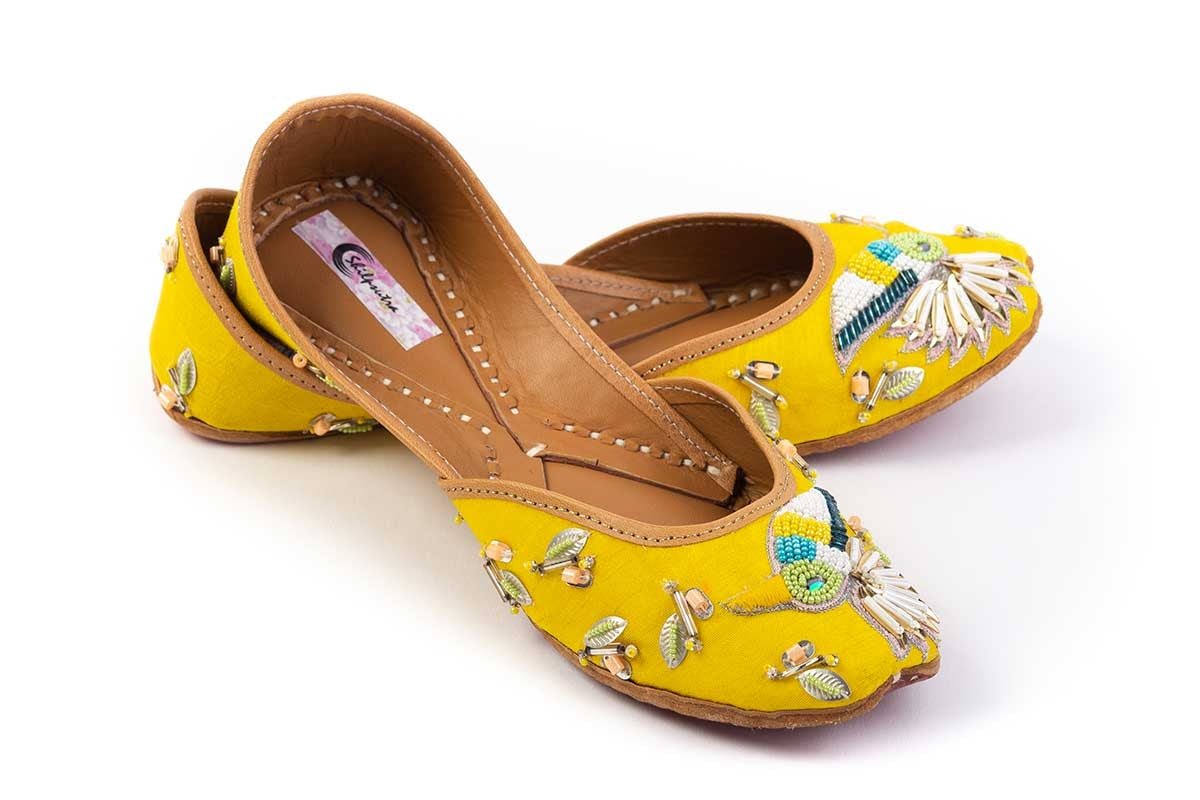 Yellow Color 3D Embroidered Designer Ladies Punjabi Bird crafted on Jutti